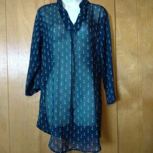 Just Bee Women's Large 3/4 Sleeve Sheer Pullover Blouse With Anchors